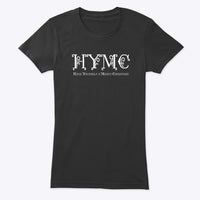 Womens black tshirt with HYMC written in a Christmas Font in white Under the acronym reads Have Yourself a Merry Christmas - Brand: Callalooyah