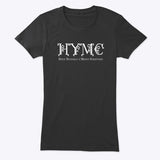 Womens black tshirt with HYMC written in a Christmas Font in white Under the acronym reads Have Yourself a Merry Christmas - Brand: Callalooyah