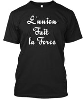 Haitian Motto "L'union fait la force" written in white on a mens black tshirt - Brand Callalooyah