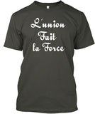 Haitian Motto "L'union fait la force" written in white on a mens smoke gray  tshirt - Brand Callalooyah