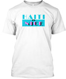 Mens white tshirt  with Haiti is Nice written with a Miami Vice design