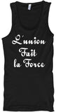 Haitian Motto "L'union fait la force" written in white on a mens black tank top - Brand Callalooyah