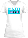 Womens white V-Neck with Haiti is Nice written with a Miami Vice design