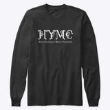 Unisex black long sleeve tshirt with HYMC written in a Christmas Font in white Under the acronym reads Have Yourself a Merry Christmas - Brand: Callalooyah