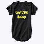 Black onsie for 6 mo old that reads Carnival Baby in yellow with a few spatters of "paint"