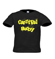 Black tshirt for babies that reads Carnival Baby in yellow with a few spatters of "paint"