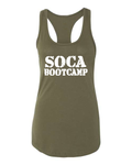 Soca BootCamp Tank top army green with white font and bullet holes in lettering Caribbean workout fete  wear