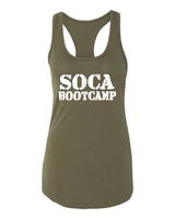 Soca BootCamp Tank top army green with white font and bullet holes in lettering Caribbean workout fete  wear