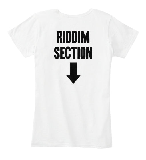 Back of tee has design Riddim Section Rhythm Section Tee with arrow pointing down