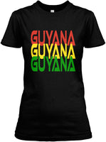 Guyana written 3 times in red gold and green on a black womens tshirt