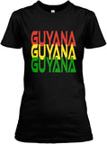 Guyana written 3 times in red gold and green on a black womens tshirt