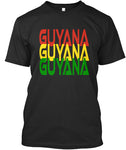 Guyana written 3 times in red gold and green on a black mens tshirt