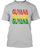 Guyana written 3 times in red gold and green on a gray mens tshirt
