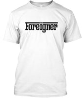 White tshirt with Foreigner written in a black Ferrari inspired  font
