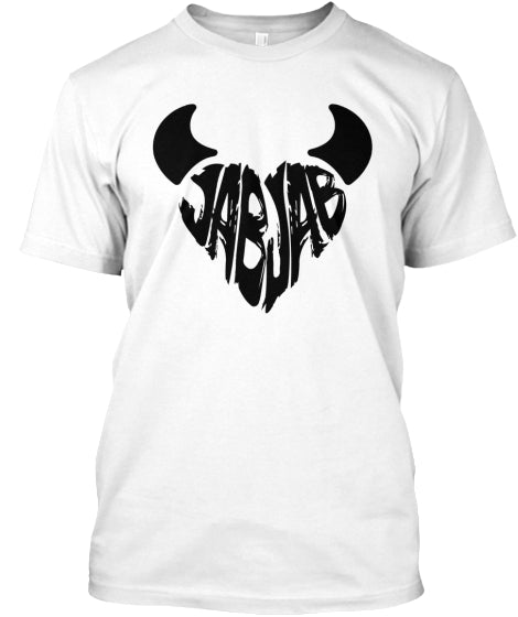 Men White tshirt with black image of the words Jab Jab in the shape of a heart with devil horns atop | Brand: Callalooyah